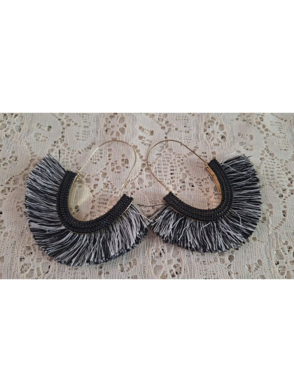 SUGARFIX by BaubleBar Black Gold Fringe Hoop Earrings – Beaded Tassel Statement - Picture 11 of 11